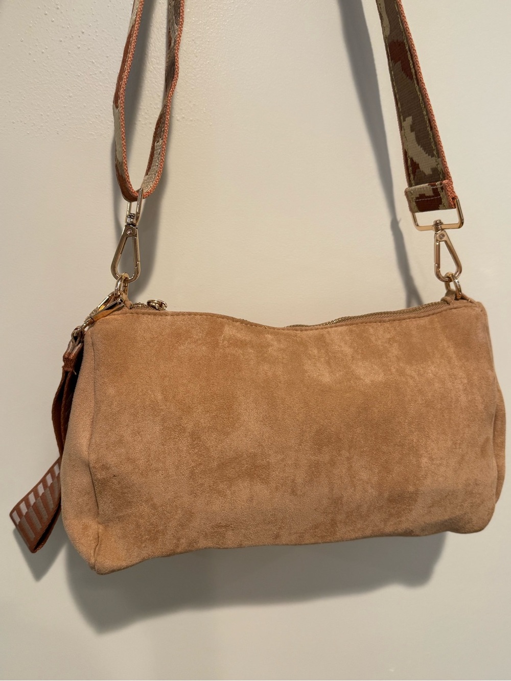 Ah-Dorned Tan Suede Crossbody Bag Camo Guitar Strap Gold Hardware Small